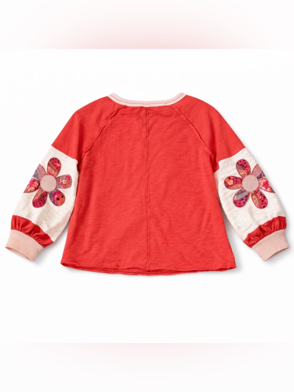 Long Sleeve Red Top with Floral Sleeve Appliques. Boho Artsy Twee - Picture 2 of 4